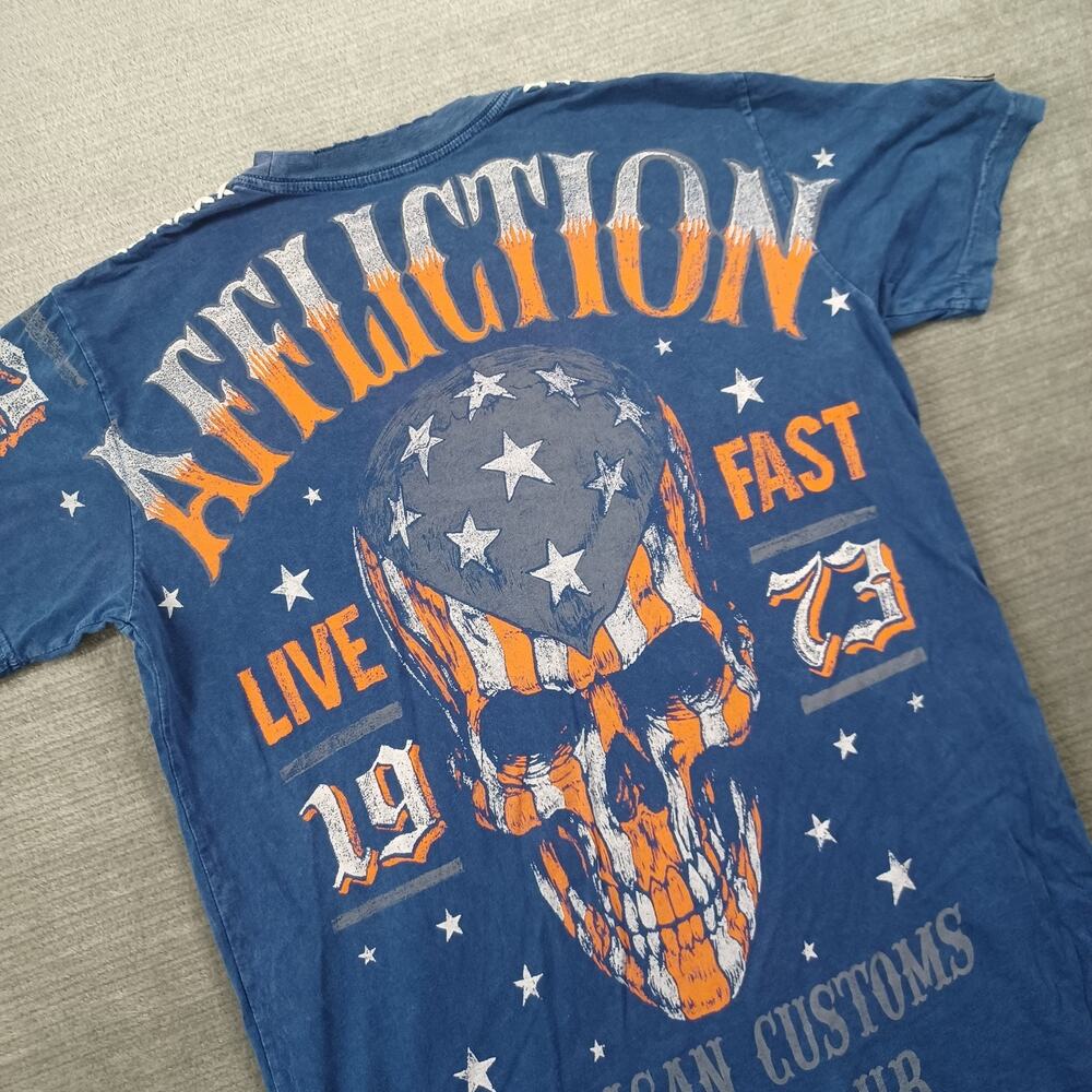 Vintage Affliction Y2K Shirt Mens M Blue Distressed Goth Americana Skull Punk